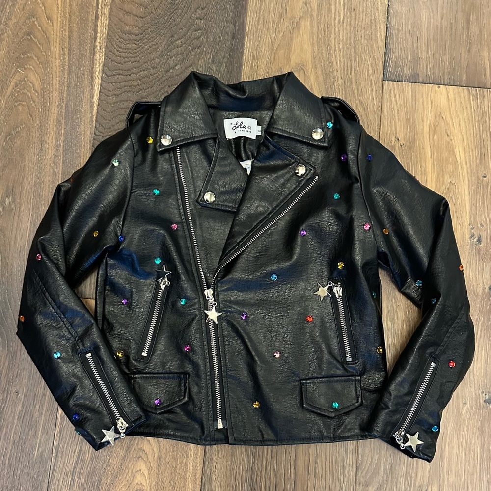 Lola and the Boys Infinity Stone Gem Vegan Black Leather Jacket Girls Size 8 EUC